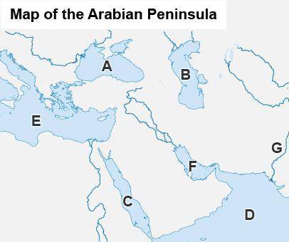 The map shows physical features in and around the Arabian Peninsula.

Which letter on the map iden