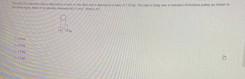 One end of a massless rope is attached to a mass m, the other end is attached to a mass of 1.00 kg.