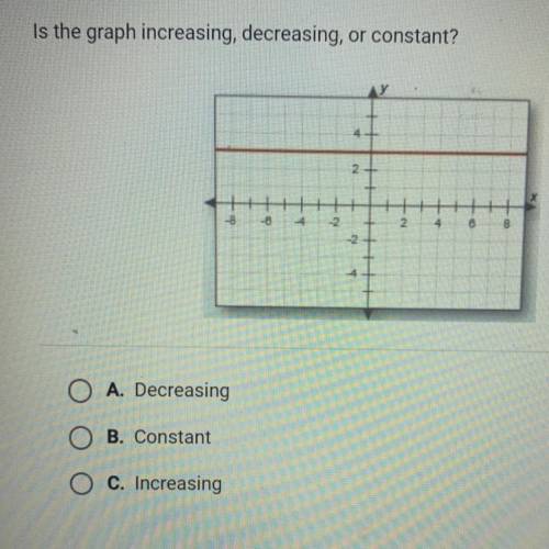 Is the graph increasing, decreasing, or constant?

2
4
B
A. Decreasing
B. Constant
C. Increasing