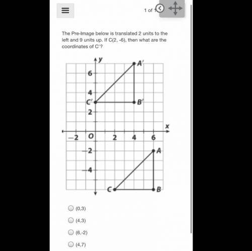 The Pre-Image below is translated 2 units to the left and 9 units up. If C(2, -6), then what are th