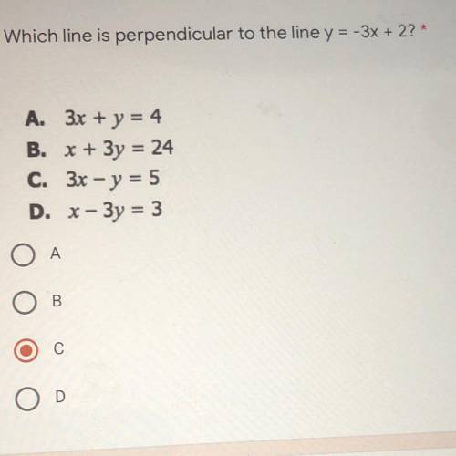 Which line is perpendicular to the line y = -3x + 2