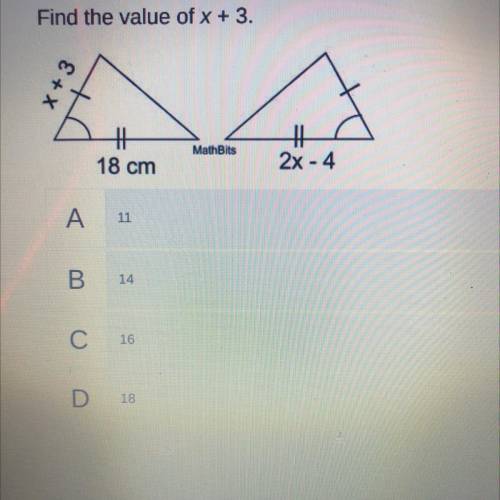 Find the value of x + 3.
X + 3
18 cm
2x - 4