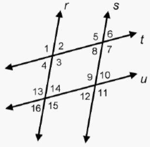 Parallel lines r and s are cut by two transversals, parallel lines t and u. Which angles are altern