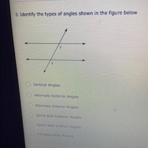 3. Identify the types of angles shown in the figure below

a. Vertical Angles
b. Alternate Exterio