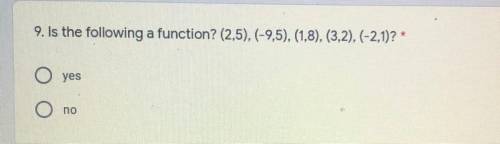 Is the following a function? (2,5),(-9,5), (1,8), (3,2), (-2,1)? 
A.yes
B.no