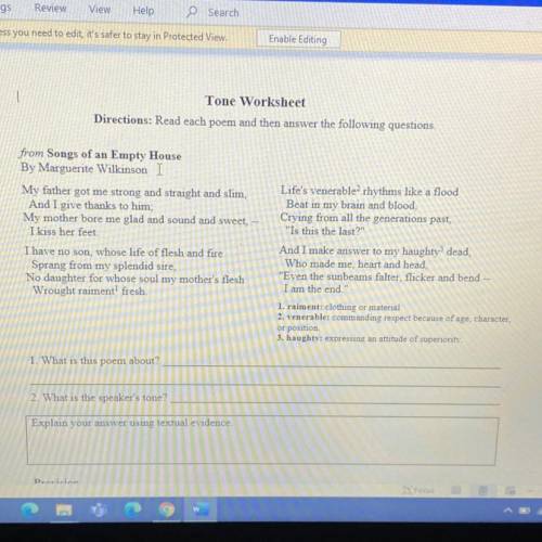 Tone Worksheet

Directions: Read each poem and then answer the following questions.
from Songs of