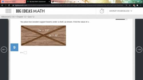 You place two wooden support beams under a shelf, as shown. Find the value of x.

Plz help 20 poin