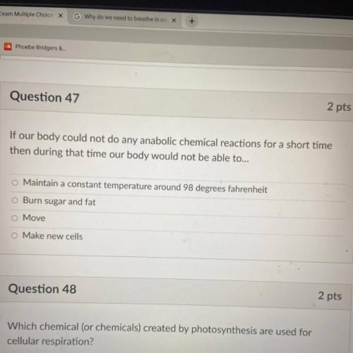 Question 47

2 pts
If our body could not do any anabolic chemical reactions for a short time
then