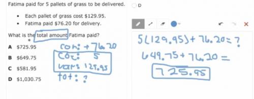 Fatima paid for 5 pallets of grass to be delivered each pallet of grass cost 129.95. Fatima paid $7