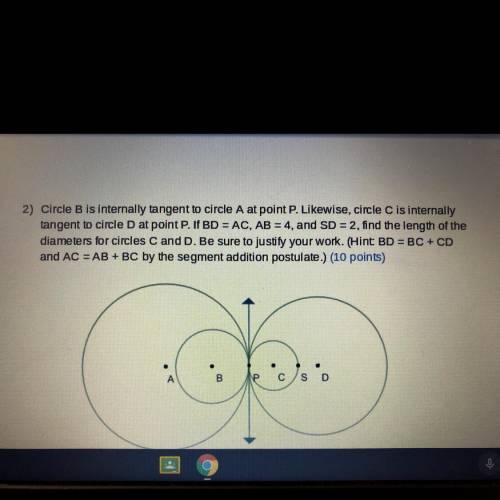HELP PLS!!

Circle B is internally tangent to circle A at point P. Likewise, circle C is internall