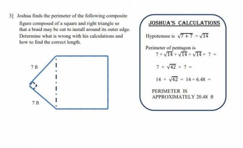 Joshua finds the perimeter of the following composite figure composed of a square and right triangl