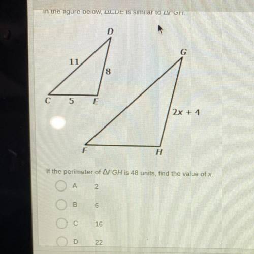 In the figure below, ACDE is similar to AFGH.

If the perimeter of FGH is 48 units, find the value