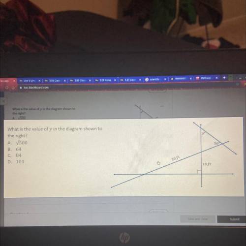 What is the value of y in the diagram shown to

the right?
A. 500
B. 64
C. 84
D. 104