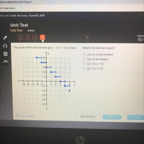 The graph of the step function g(x) = -x] + 3 is shown.

What is the domain of g(x)?
-
{xl x is a