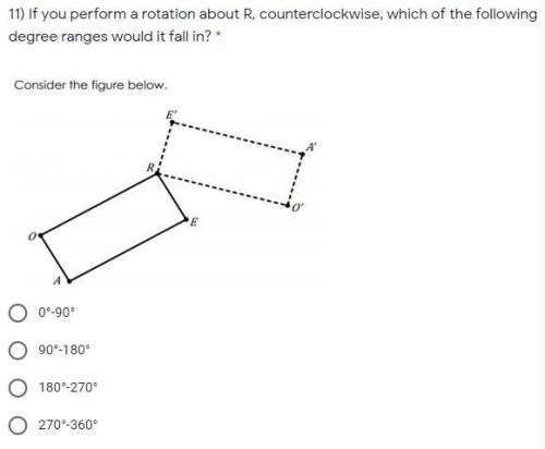 If you perform a rotation about R, counterclockwise, which of the following degree ranges would it