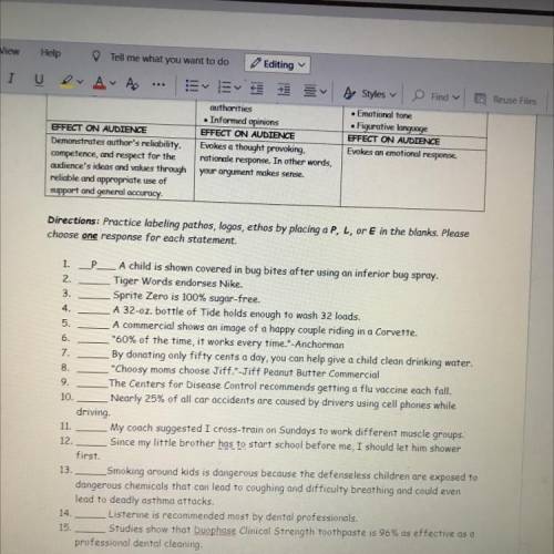 Directions: Practice labeling pathos, logos, ethos by placing a P, L, or E in the blanks. Please
