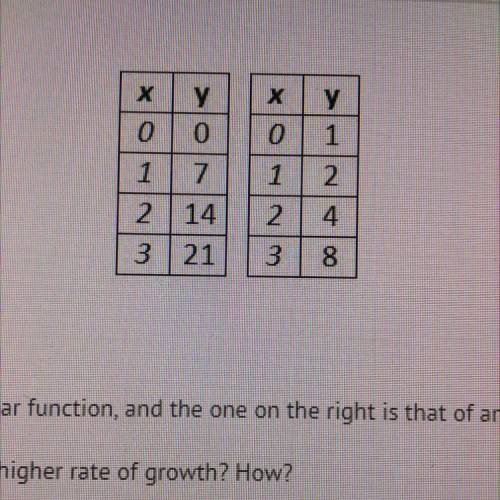 The table on the left is that of a linear function, and the one on the right is that of an exponent