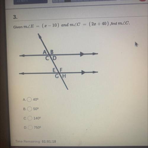 Given mZE =

(8-10) and mzo
(2x + 40 ),find mZC.
AB
CD
E F
G H
A
400
В.
500
C. 1400
D
7500