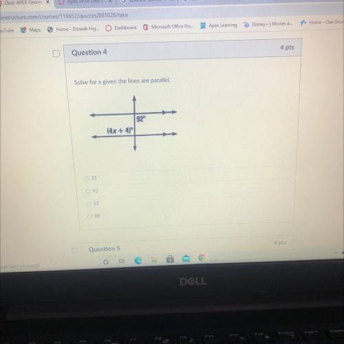 Solve for x given the lines are parallel.

+
920
(4x +4
a. 21
b.92
c.22
d.88