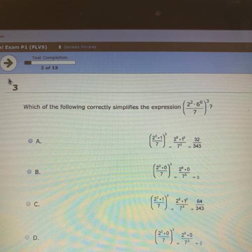 Help me please:(! Which of the following correctly simplified the expression? (2^2x6^0 /7 )^3???