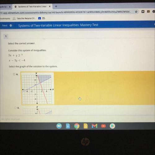 1

Select the correct answer.
Consider this system of inequalities.
3x + y 27
x - 2y <-4
Select