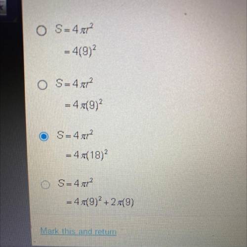 The radius of the sphere is 9 inches. Which equation can be used to find the surface area of the sp