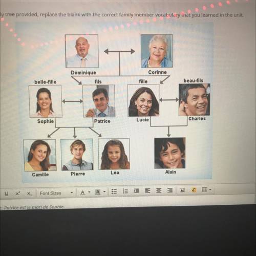 Using the family tree provided, replace the blank with the correct family member vocabulary that yo