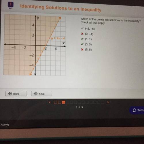 Which of the points are solutions to the inequality?

Check all that apply.
1. (-2, -5)
2. (0, -4)