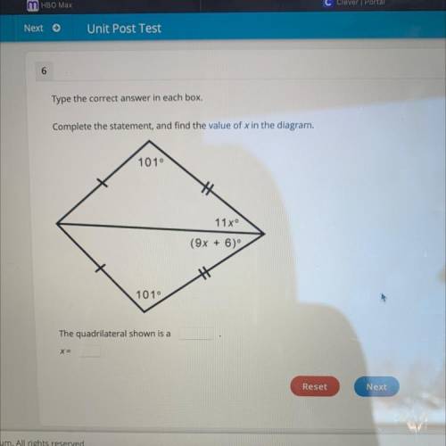 Complete the statement, and find the value of x in the diagram.

1010
11xº
(9x + 6)
1019
The quadr