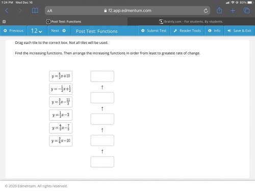 Drag each tile to the correct box. Not all tiles will be used. Find the increasing functions. Then