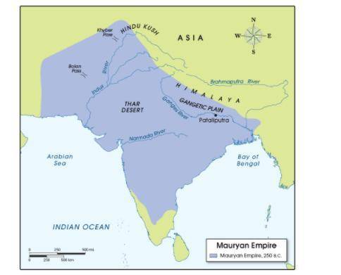 Use this map to answer the following question:

How far is it from Pataliputa to the Khyber Pass?