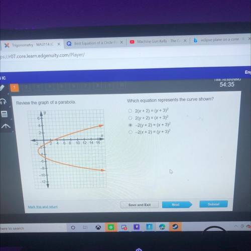 Which equation represents the curve shown?

2(x+2) = (y +3)? 
2(y + 2) = (x +3?
-2(y + 2) = (x +