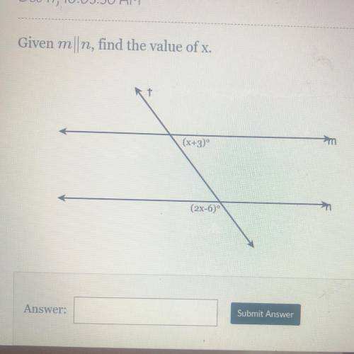 Given m||n, find the value of x.
kt
(x+3)
→
(2x-6)