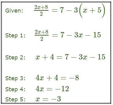 Which step demonstrates the division property of equality?

A 
Step 3
B 
Step 2
C 
Step 5
D 
Step