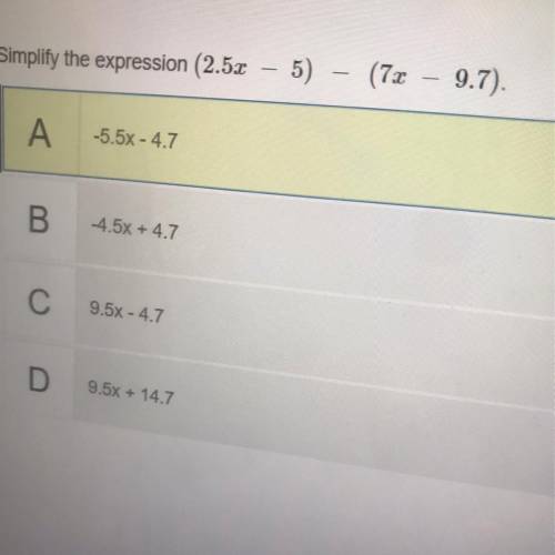 Simply the expression (2.5x - 5) - (7x - 9.7)