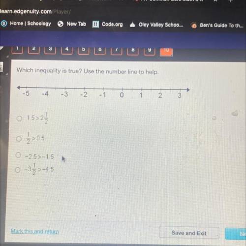 Which inequality is true? Use the number line to help.

-4
-
0
2
o 15>24
o >05
O -25>-1.5