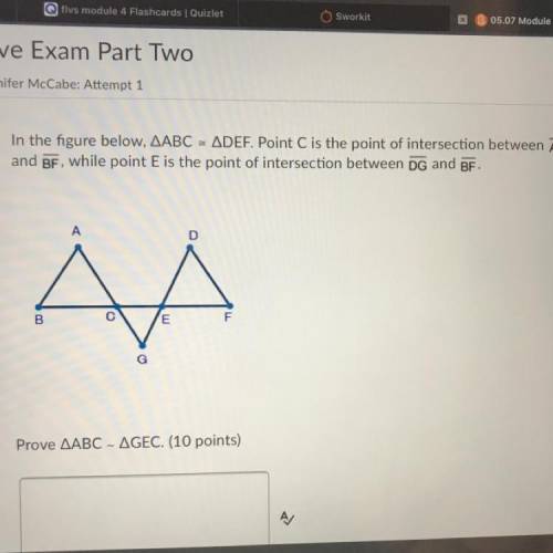 in the figure below, triangle ABC is congruent to triangle DEF. point C is the point of intersectio