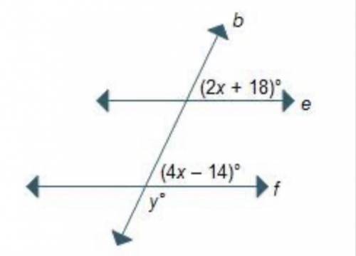 Parallel lines e and fare cut by transversal b. What is the value of x?

A. 16
B. 164
C. 130
D. 50