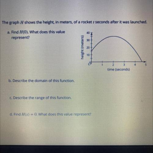 The graph H shows the height, in meters, of a rocket 1 seconds after it was launched. Find H(0). Wh