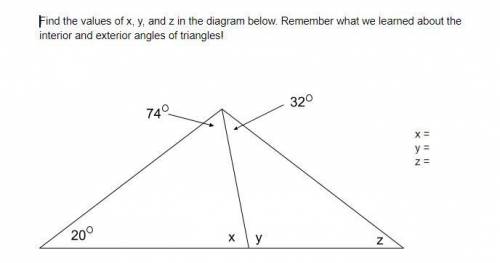 HELP ITS DUE TODAY

Find the values of x, y, and z in the diagram below.