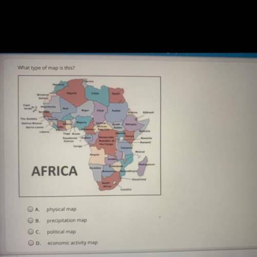 Help

Select the correct answer.
What type of map is this?
A. physical map
B. precipitation map
C.