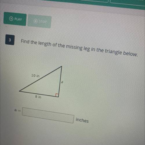 Find the length of the missing leg in the triangle below