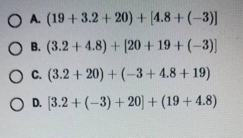 Which shows the use of the associative and commutative properties to make simplifying 3.2 + 20 – 3+