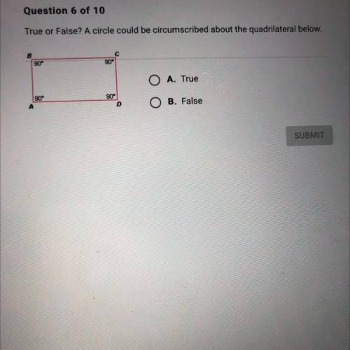 True or False? A circle could be circumscribed about the quadrilateral below.