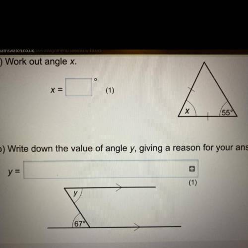 Work out angle x
write down the value of angle y