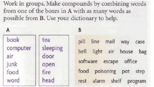 Make compounds by combining words from one of the boxes in A with as many words as possible from B.