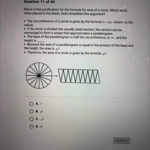 Below is the justification for the formula for area of a circle. Which word,

when placed in the b