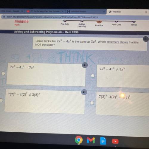 Lillian thinks that 725 - 4x3 is the same as 3.22. Which statement shows that it is

NOT the same?