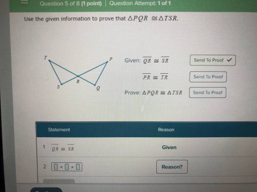 Use the given information to prove that PQR~= TSR.
Please explain in the easiest way you can.