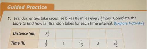 Brandon enters bike races. He bikes 8 1/2 miles every 1/2hour. Complete the

table to find how far